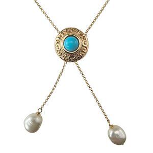 14K Yellow Gold Turquoise and Pearl Drop Necklace #24071